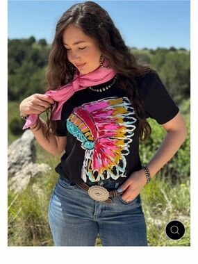 Women’s Black Graphic Tee with Pink & Turquoise Feather Headdress